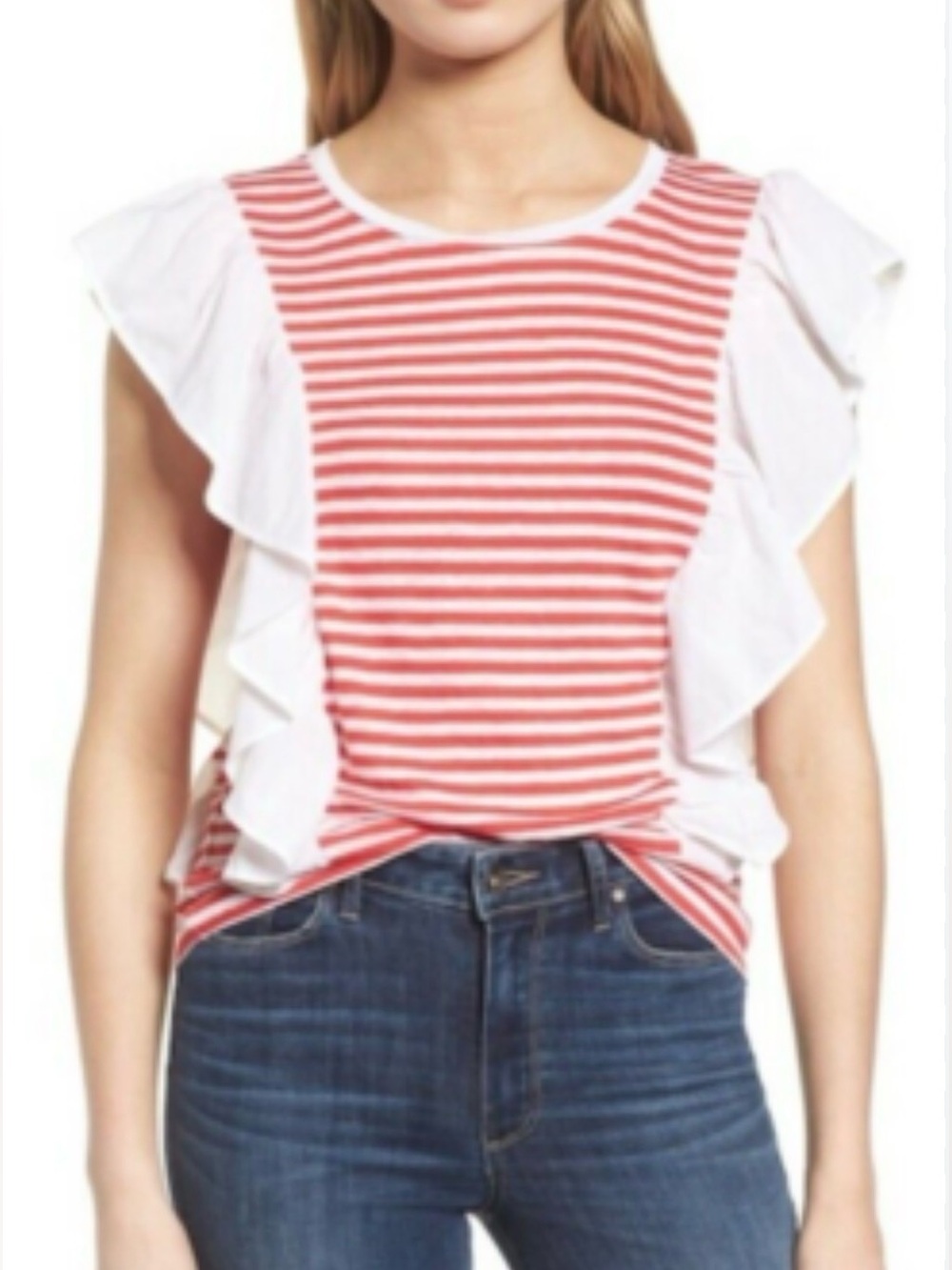 Chelsea28 Nordstrom Linen Striped Ruffle Top Red White Flutter Sleeve Medium